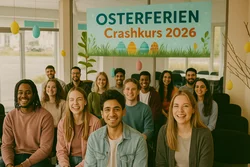 Junge Menschen lernen gemeinsam im hellen Theorieraum der Fahrschule Lind in Berlin beim Osterferien-Crashkurs 2026, fröhliche Stimmung mit Osterdekoration.