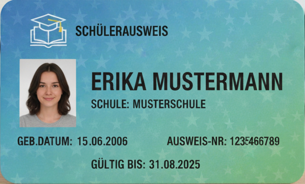 Schülerausweis im blau-grünen Farbverlauf mit Foto einer jungen Schülerin mit schulterlangen dunklen Haaren. Auf dem Ausweis stehen der Name Erika Mustermann, die Schule Musterschule, das Geburtsdatum 15.06.2006, die Ausweisnummer 123E466789 und die Gültigkeit bis 31.08.2025.