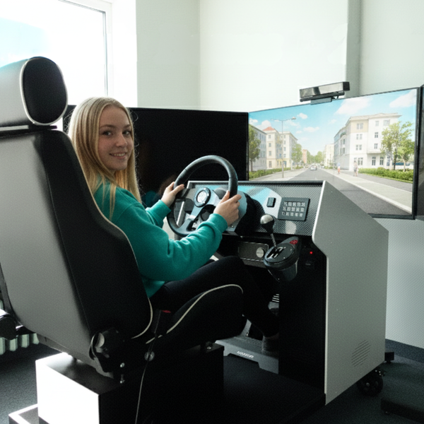 „Fahrschülerin übt am modernen Fahrsimulator der Fahrschule Lind in Berlin und trainiert erste Fahrmanöver in sicherer Umgebung.“