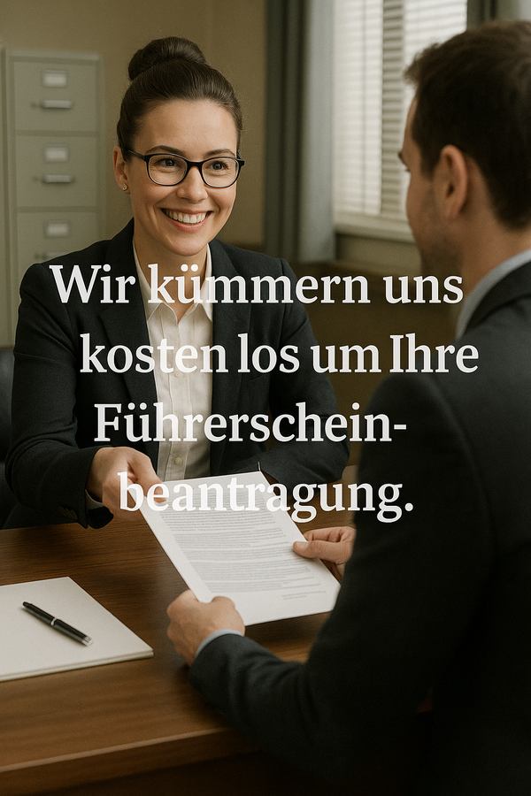 Eine freundlich lächelnde Frau mit Dutt und Brille überreicht einem Mann an einem Schreibtisch in einem Büro ein Dokument. Auf dem Bild steht der Text „Wir kümmern uns kostenlos um Ihre Führerscheinbeantragung“. Die Szene wirkt professionell und zeigt die Unterstützung der Fahrschule Lind in Berlin bei der Antragstellung.
