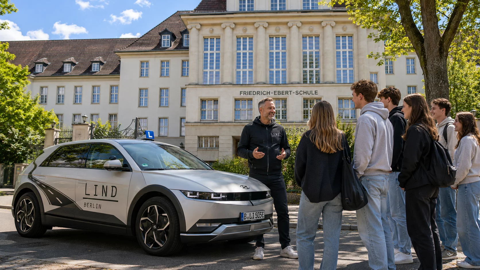 Ein IONIQ5 von der Fahrschule Lind aus Berlin Steglitz steht vor dem Friedrich Ebert Gymnasium