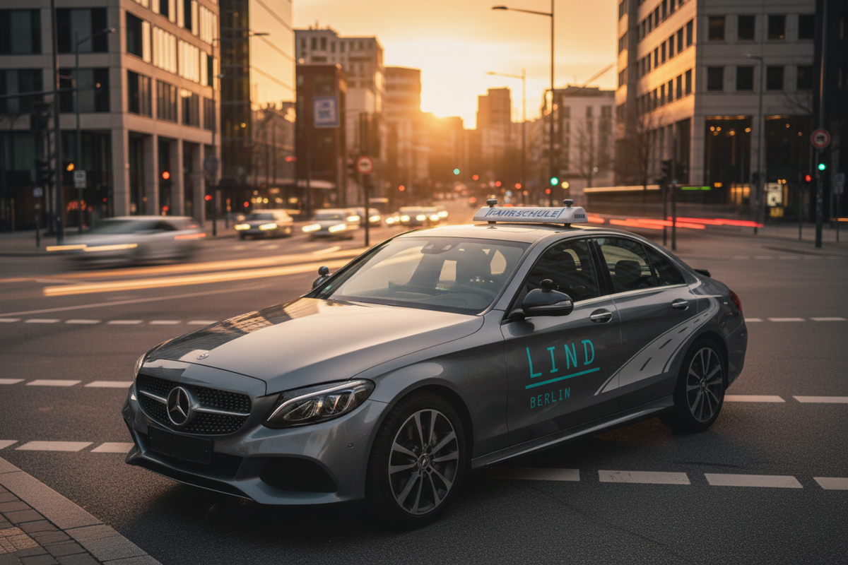 Fahrschulauto der Fahrschule Lind in Berlin – grauer Mercedes-Benz mit Fahrschulschild im Stadtverkehr bei Sonnenuntergang