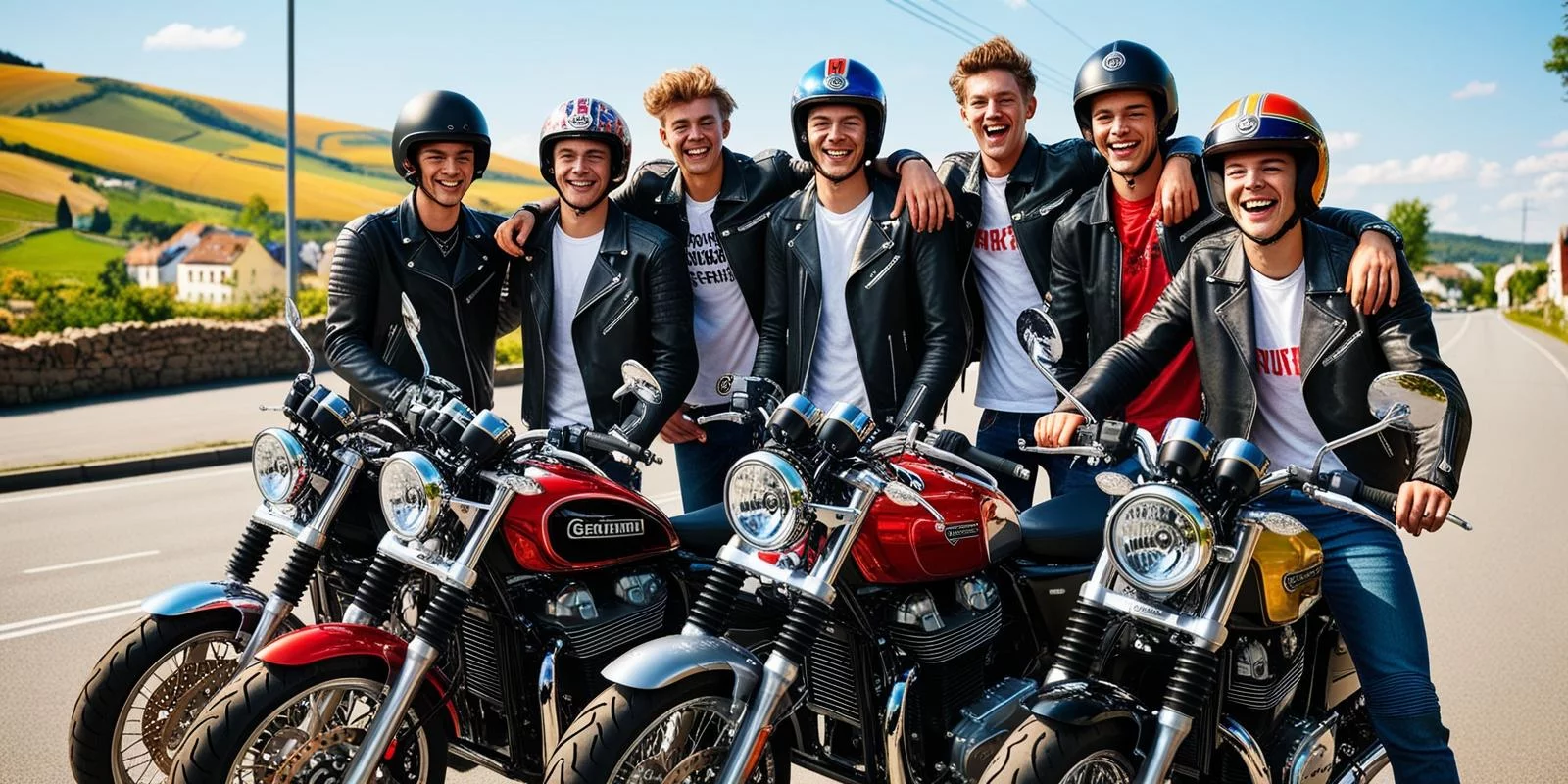 Auf dem Bild sind sieben junge, gut gelaunte Männer zu sehen, die mit ihren Motorrädern posieren. Sie tragen schwarze Lederjacken und Helme, während sie lächelnd und freundschaftlich Arm in Arm stehen. Im Hintergrund erstreckt sich eine idyllische Landschaft mit grünen Hügeln, einem blauen Himmel und einigen Häusern. Die Szene strahlt Freude, Zusammenhalt und Fahrspaß aus – perfekt, um das Thema Motorrad- und Führerscheintraining bei der Fahrschule Lind in Berlin zu repräsentieren.