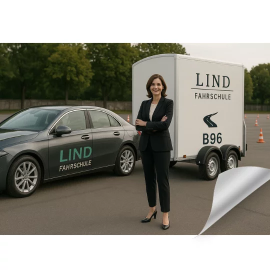 Eine Frau in eleganter Businesskleidung steht lächelnd neben einem modernen Fahrschulanhänger mit der Aufschrift ‚Lind Fahrschule BE/B96‘ und einem dunklen Fahrschulauto. Die Szene spielt sich auf einem Übungsplatz mit Verkehrskegeln im Hintergrund ab.