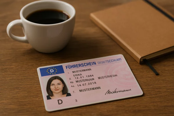     Deutscher Führerschein liegt auf einem Holztisch neben einer Kaffeetasse und einem Notizbuch.  Das Bild vermittelt Ruhe und Sicherheit beim Thema Fahrangst.