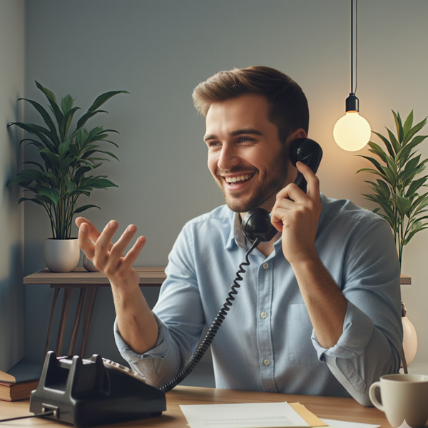 Mitarbeiter der Fahrschule Lind führt ein freundliches Beratungsgespräch am Telefon im Büro.