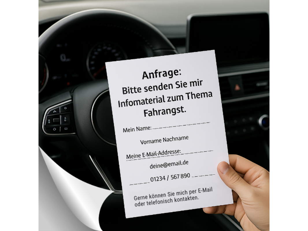 Eine Person hält in einem Auto ein Formular mit der Aufschrift  „Bitte senden Sie mir Infomaterial zum Thema Fahrangst“.  Darunter sind Felder für Name, E-Mail und Telefonnummer sichtbar.