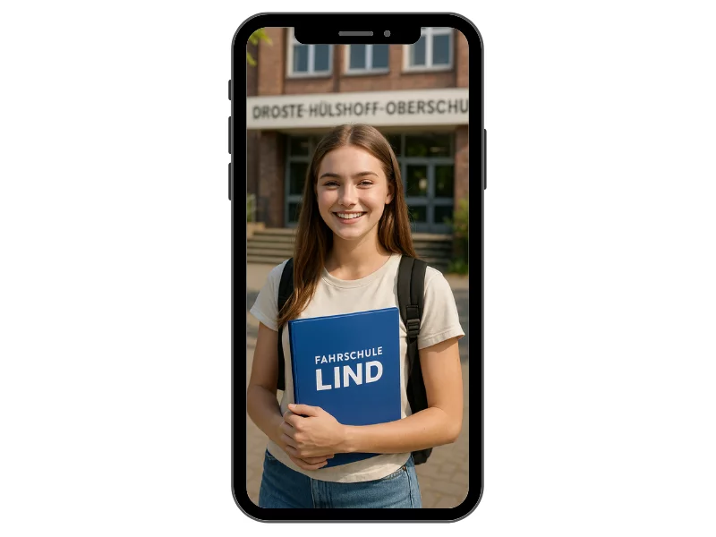 Schülerin der Droste-Hülshoff-Oberschule vor dem Schuleingang mit einem Ordner der Fahrschule Lind in der Hand – perfekte Vorbereitung auf den Führerschein Klasse B in Berlin-Steglitz.