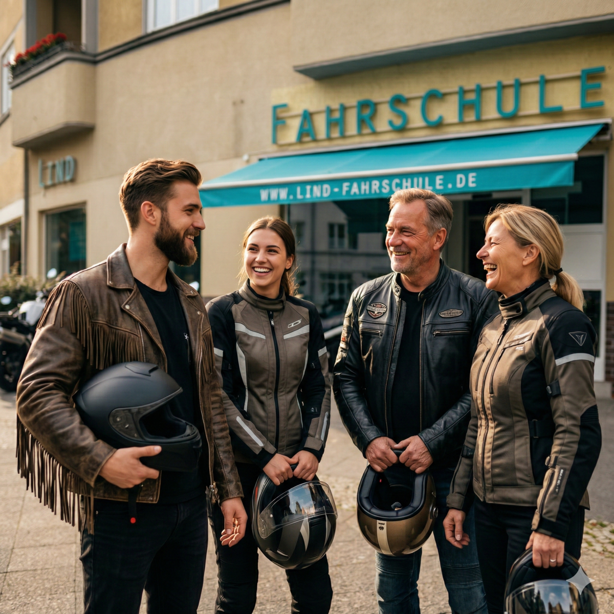 Vier lachende Erwachsene in Motorradkleidung stehen vor einer Fahrschule mit dem Schriftzug „Fahrschule“ und einer türkisfarbenen Markise. Zwei Männer und zwei Frauen halten Motorradhelme in den Händen und unterhalten sich gut gelaunt vor dem Gebäude.
