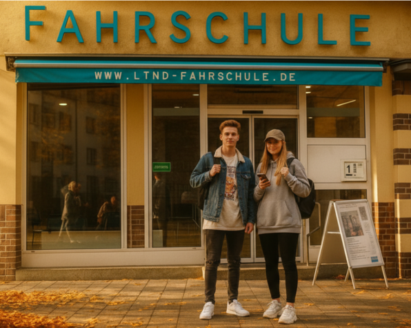 Zwei junge Fahrschüler stehen vor der Fahrschule Lind in Berlin-Steglitz Zehlendorf am Breitenbachplatz.