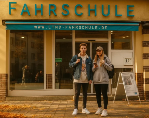 Zwei junge Fahrschüler stehen vor der Fahrschule Lind in Berlin-Steglitz Zehlendorf am Breitenbachplatz.