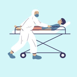 medizinisches Fachpersonals das eine Patientin oder einen Patienten auf einer fahrbaren Trage schiebt.