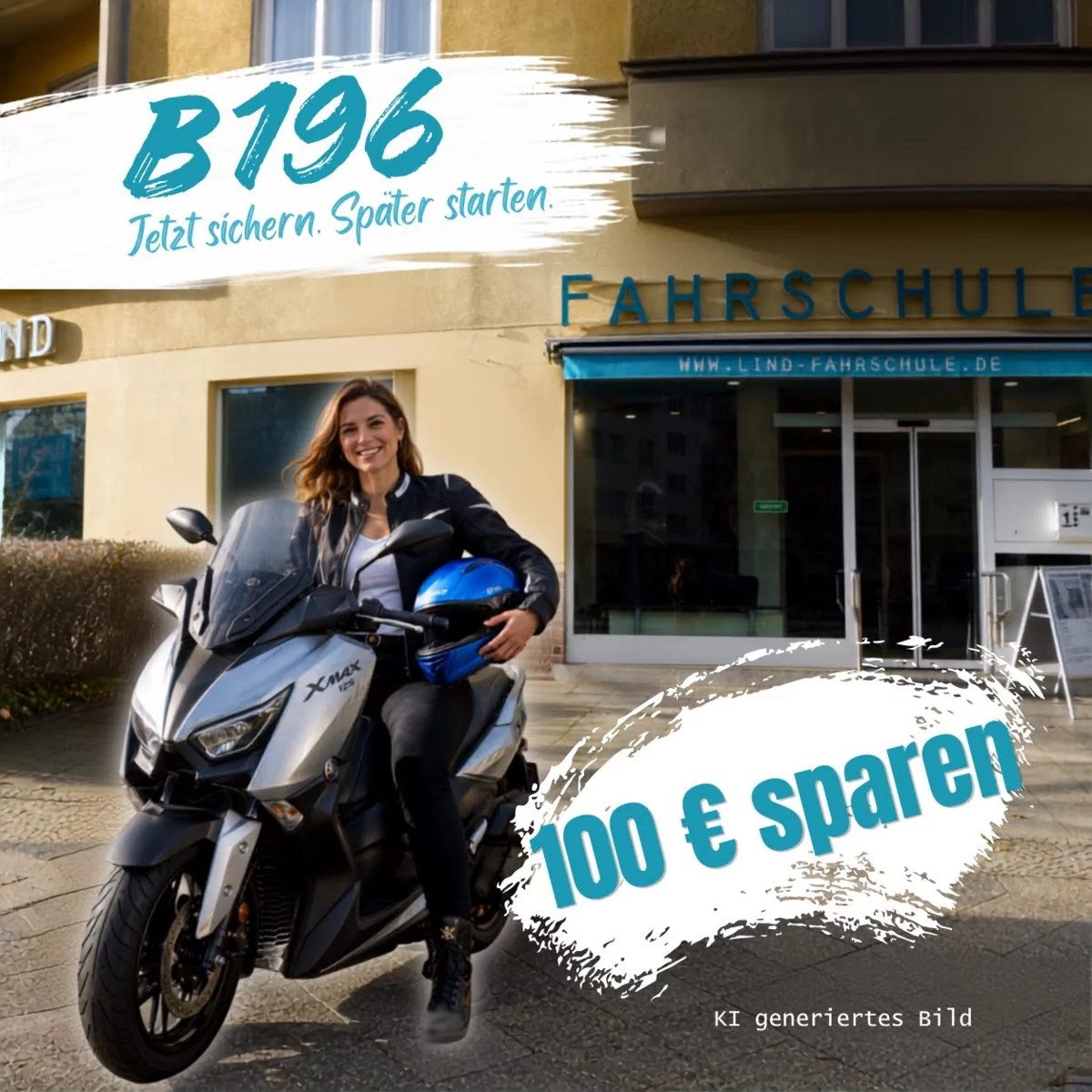 Silberner Yamaha NMAX Roller vor der Fahrschule Lind in Berlin am Breitenbachplatz, aufgenommen bei Sonnenschein – modernes Ausbildungsfahrzeug für B196 und Rollerführerschein.