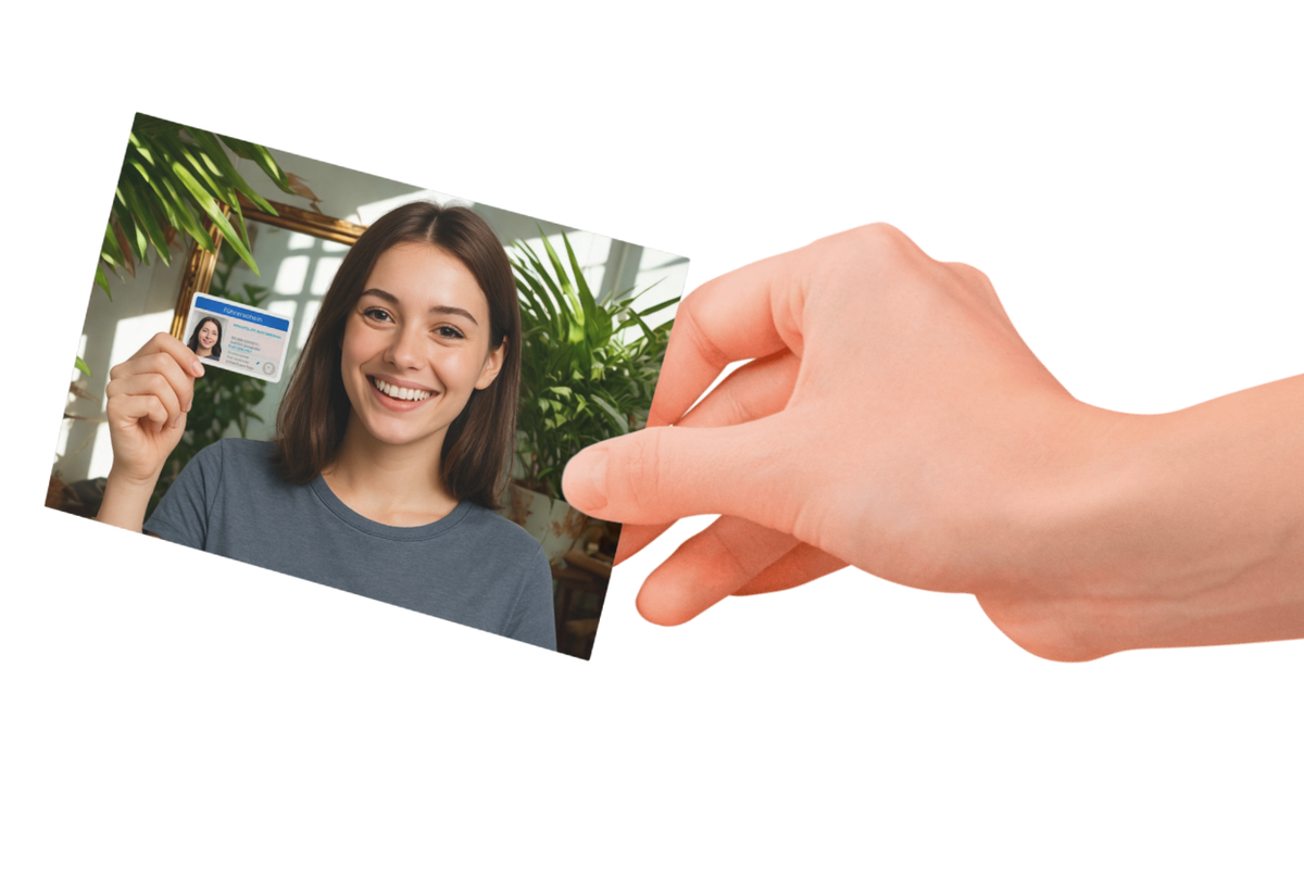 Glückliche Fahrschülerin hält nach bestandener Prüfung ihren Führerschein in der Hand