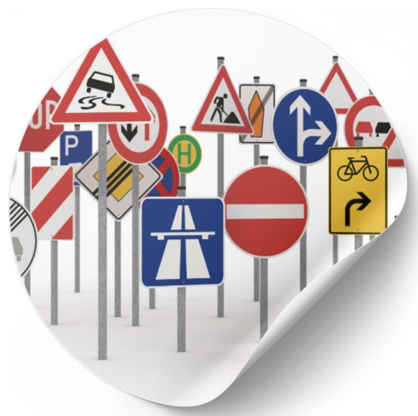 Illustration mit vielen verschiedenen Verkehrszeichen, darunter Stoppschild, Einfahrt verboten, Autobahn, Baustelle und Fahrradweg