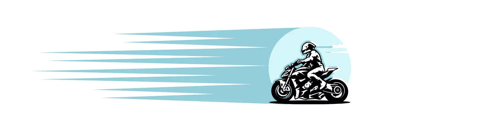 Grafik eines Motorradfahrers mit Schutzkleidung und Helm, der auf einem modernen Motorrad in Fahrt dargestellt ist. Im Hintergrund symbolisieren schräg verlaufende blaue Linien und ein halbkreisförmiges Licht die Bewegung und Geschwindigkeit. Der Himmel ist mit ein paar Wolken angedeutet. Die Farbtöne sind überwiegend in Blau und Schwarz gehalten, mit Fokus auf den dynamischen Effekt.