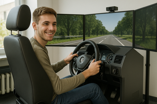 Junger Mann lächelt konzentriert im modernen Fahrsimulator der Fahrschule Lind in Berlin