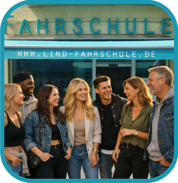 Fröhliche Fahrschüler und Erwachsene stehen lachend vor der Fahrschule Lind in Berlin.