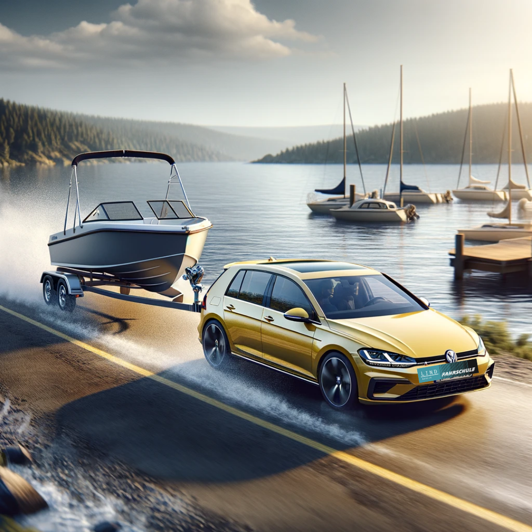 Ein gelber Golf 8 der einen Anhänger mit einem Boot hinter sich herzieht.