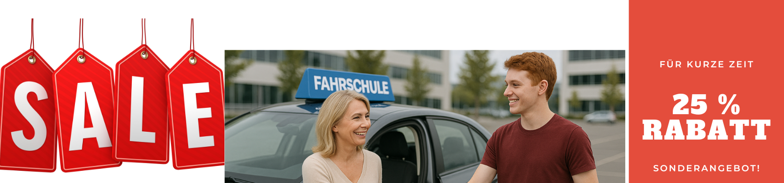 Sonderaktion bei der Fahrschule Lind in Berlin-Steglitz: 25 % Rabatt auf Fahrstunden, fröhliche Fahrlehrerin mit Fahrschüler vor dem Auto