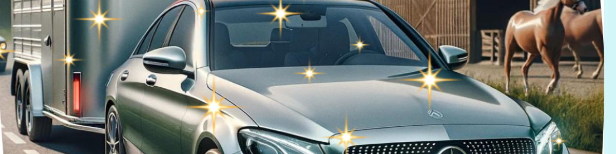 Das Bild zeigt einen glänzenden grauen Mercedes-Benz, der mit funkelnden Sternen verziert ist, was auf eine neue oder frisch gereinigte Oberfläche hindeutet. Das Auto zieht einen Pferdeanhänger. Im Hintergrund sind Pferde neben einem Stall zu erkennen.
