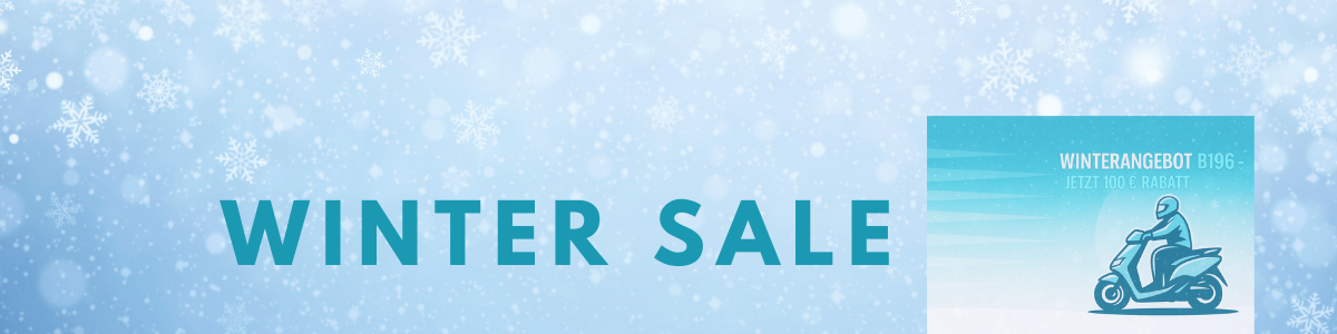 Winter Sale der Fahrschule Lind in Berlin Steglitz-Zehlendorf – B196-Winterangebot mit 100 € Rabatt, stilvolles Banner mit Roller-Illustration und Schneeflocken im Hintergrund