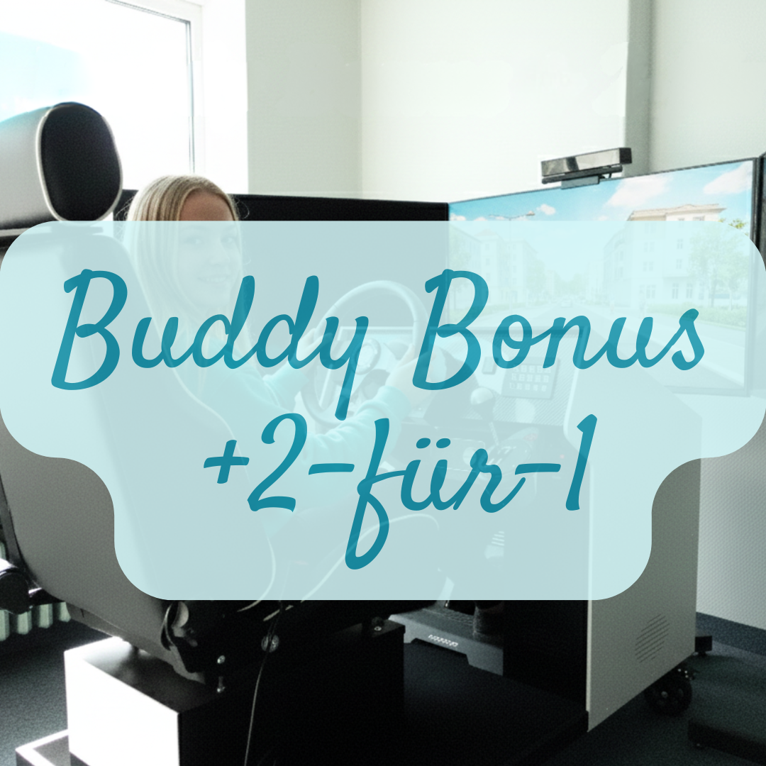  Fahrschülerin im Fahrsimulator der Fahrschule Lind in Berlin mit Buddy Bonus 2-für-1 Angebot