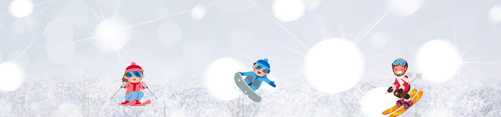 Illustration einer Schneelandschaft mit Figuren beim Skifahren und Snowboarden.