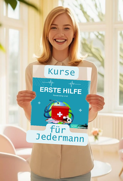 Auf dem Bild hält eine junge Frau mit blondem Haar und freundlichem Lächeln ein Schild mit der Aufschrift „ERSTE HILFE – Powered by Lind“ in den Händen. Das Design des Schildes ist modern und ansprechend, mit einer Illustration eines Erste-Hilfe-Koffers und medizinischem Zubehör. Die zusätzlichen Texte „Kurse für Jedermann“ unterstreichen, dass die Erste-Hilfe-Kurse für alle offen sind. Der Hintergrund zeigt einen hellen, freundlichen Raum mit großen Fenstern, die viel Tageslicht hereinlassen. Das Bild vermittelt eine einladende und positive Atmosphäre, die Interesse an den Kursen weckt.