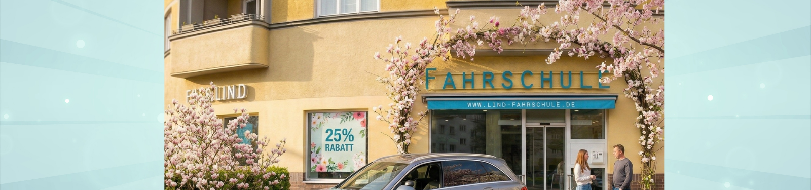 Frühlingsaktion der Fahrschule Lind in Berlin Steglitz – 25 % Rabatt auf den Grundbetrag, Fahrschule mit Fahrschulauto vor dem Standort.