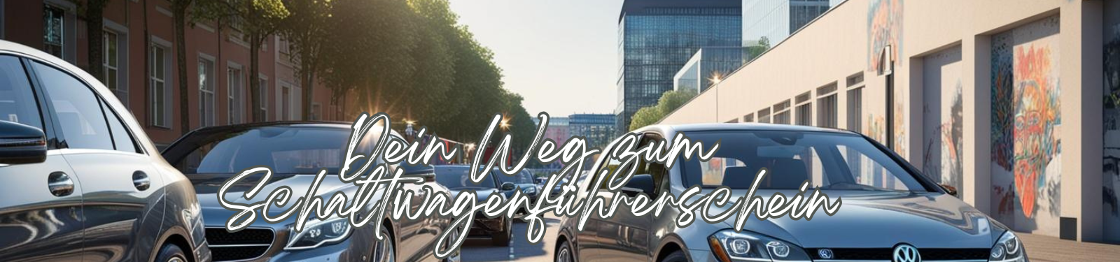 Das Bild zeigt eine belebte Straßenkulisse mit modernen Fahrzeugen – darunter elegante Schalt- und Automatikautos. Im Vordergrund steht ein stilvolles VW-Modell, während im Hintergrund eine urbane Umgebung mit Graffiti-Kunst an den Wänden und modernen Gebäuden zu sehen ist. Die Sonne scheint durch die Baumreihen und verleiht der Szene eine einladende Atmosphäre.  Mit diesem Bild unterstreichen wir den Schritt zur Freiheit auf vier Rädern: Von der Automatik zum Schaltwagen! Bereit für die nächste Herausforderung? Dann melde dich jetzt bei uns und starte deinen Weg zum Schaltwagenführerschein.
