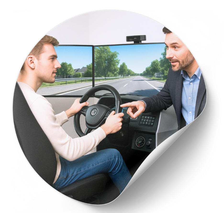 Fahrschule Lind Berlin – Fahrschüler im Fahrsimulator mit Fahrlehrer