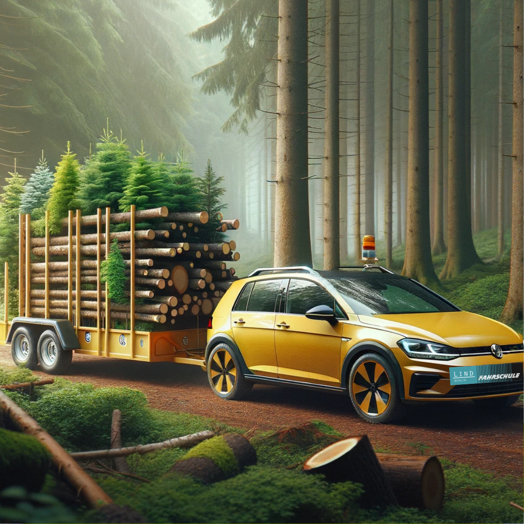 Ein Golf 8 in einem Wald mit Bäumen auf einem Anhänger.