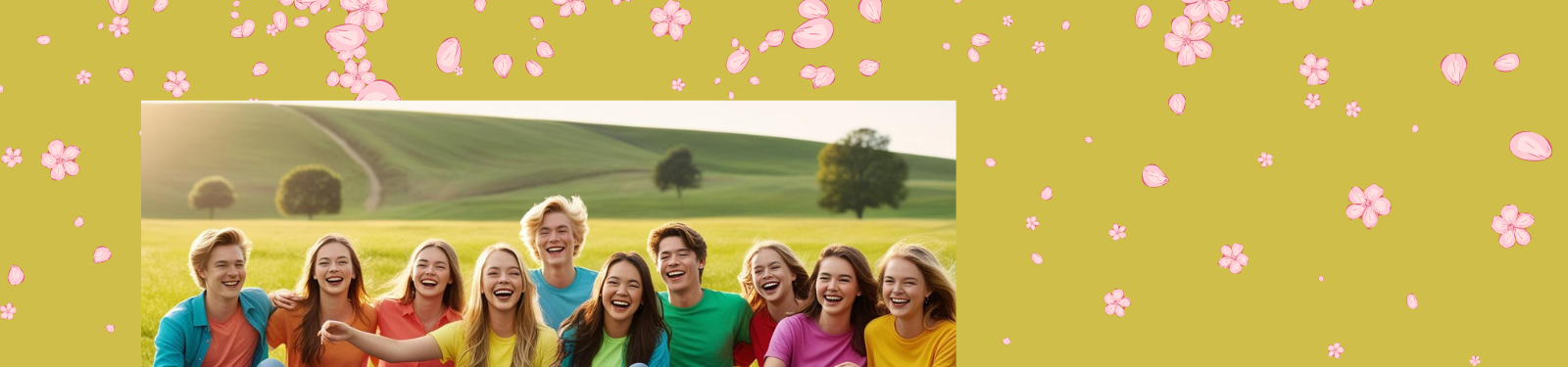 Das Bild zeigt eine Gruppe von jungen Menschen, die lachend und fröhlich in einer grünen Landschaft stehen. Sie tragen bunte T-Shirts in verschiedenen Farben, was eine positive und dynamische Stimmung vermittelt. Der Hintergrund besteht aus sanften grünen Hügeln mit einigen Bäumen und einem hellen Himmel.  Das Bild ist auf einen goldgelben Hintergrund mit verstreuten rosa Kirschblüten gesetzt, was einen frühlingshaften und frischen Look erzeugt. Die Kombination aus Natur, fröhlichen Menschen und blühenden Elementen deutet darauf hin, dass es sich um eine frühlingshafte Werbebotschaft handelt – möglicherweise für ein Angebot oder eine Aktion, die mit Jugend, Gemeinschaft und Lebensfreude verbunden ist.