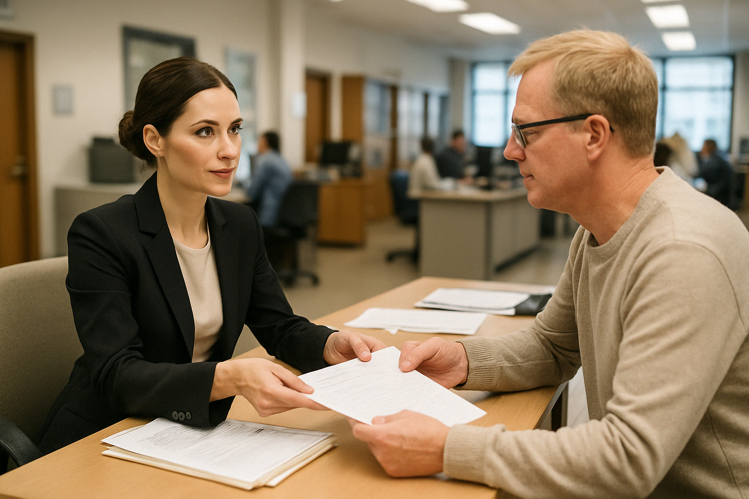 Eine sachlich gekleidete Frau in einem schwarzen Blazer übergibt einem Mann in beiger Kleidung ein Formular in einem modernen Büro oder einer Behörde. Beide sitzen an einem Schreibtisch, im Hintergrund arbeiten weitere Personen.