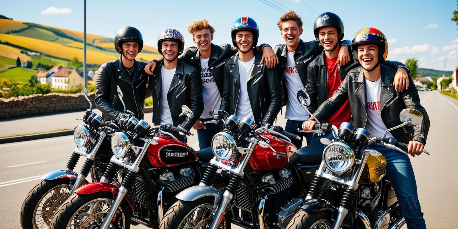 Auf dem Bild sind sieben junge, gut gelaunte Männer zu sehen, die mit ihren Motorrädern posieren. Sie tragen schwarze Lederjacken und Helme, während sie lächelnd und freundschaftlich Arm in Arm stehen. Im Hintergrund erstreckt sich eine idyllische Landschaft mit grünen Hügeln, einem blauen Himmel und einigen Häusern. Die Szene strahlt Freude, Zusammenhalt und Fahrspaß aus – perfekt, um das Thema Motorrad- und Führerscheintraining bei der Fahrschule Lind in Berlin zu repräsentieren.