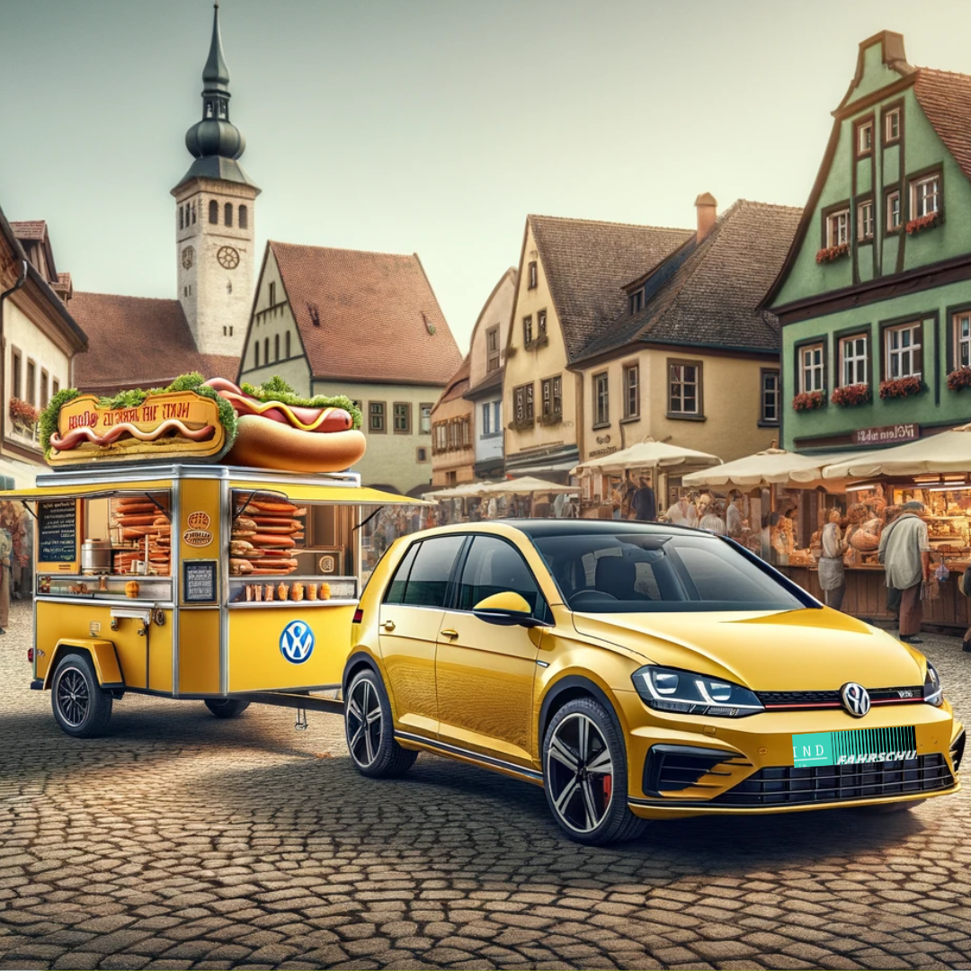 Das Bild zeigt einen gelben Golf 8, der einen Anhänger mit einer Würstchenbude zieht. Die Bude ist in lebhaften Farben gestaltet, mit einem großen Hotdog auf dem Dach und einem Schild, das "HOT THE DOG" ankündigt. Der Stand befindet sich auf einem Marktplatz in einem traditionellen europäischen Dorf mit Kopfsteinpflasterstraßen und Fachwerkhäusern. Im Hintergrund ist ein Kirchturm zu sehen, der über die Dächer hinausragt. Es wirkt wie eine Szene aus einem belebten Dorffest oder Markttag, mit Menschen, die im Hintergrund an anderen Marktständen einkaufen.