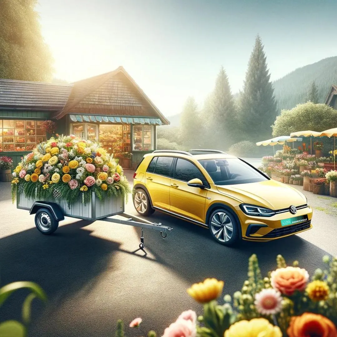 Das Bild zeigt einen gelben Golf 8, der einen mit einer Vielfalt von bunten Blumen gefüllten Anhänger zieht. Im Hintergrund ist ein Blumenladen zu sehen, der in einer idyllischen, wahrscheinlich ländlichen Umgebung liegt, umgeben von weiteren Pflanzen und Bäumen. Die Szene wirkt friedlich und malerisch, mit einem Hauch von Morgen- oder Abendsonne, die das Bild in ein weiches Licht taucht.