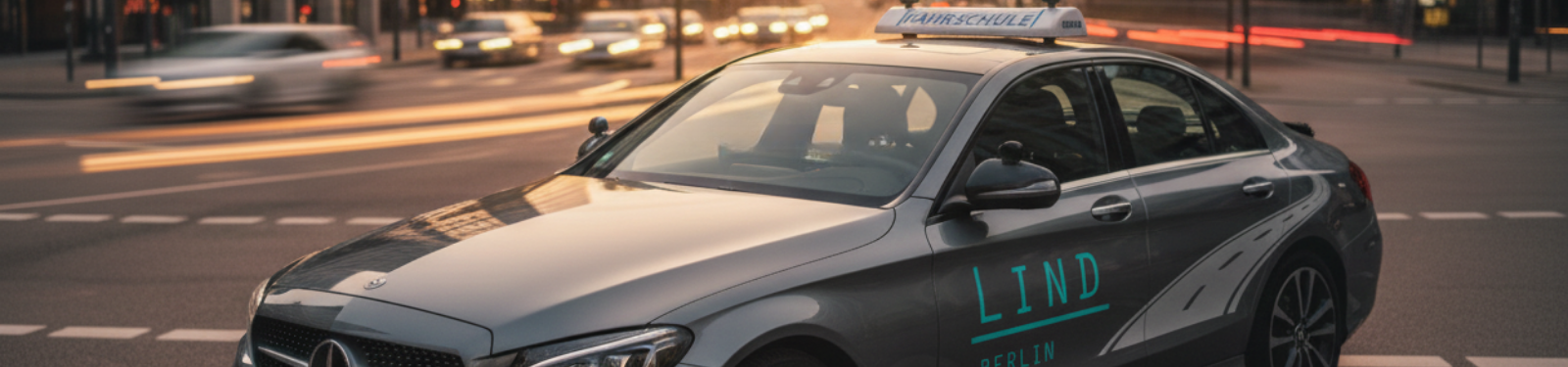 Fahrschulauto der Fahrschule Lind in Berlin – grauer Mercedes-Benz mit Fahrschulschild im Stadtverkehr bei Sonnenuntergang