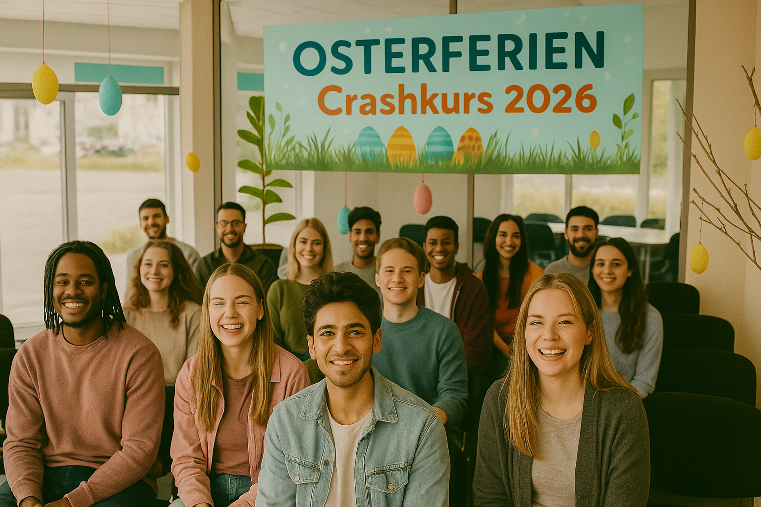 Junge Menschen lernen gemeinsam im hellen Theorieraum der Fahrschule Lind in Berlin beim Osterferien-Crashkurs 2026, fröhliche Stimmung mit Osterdekoration.