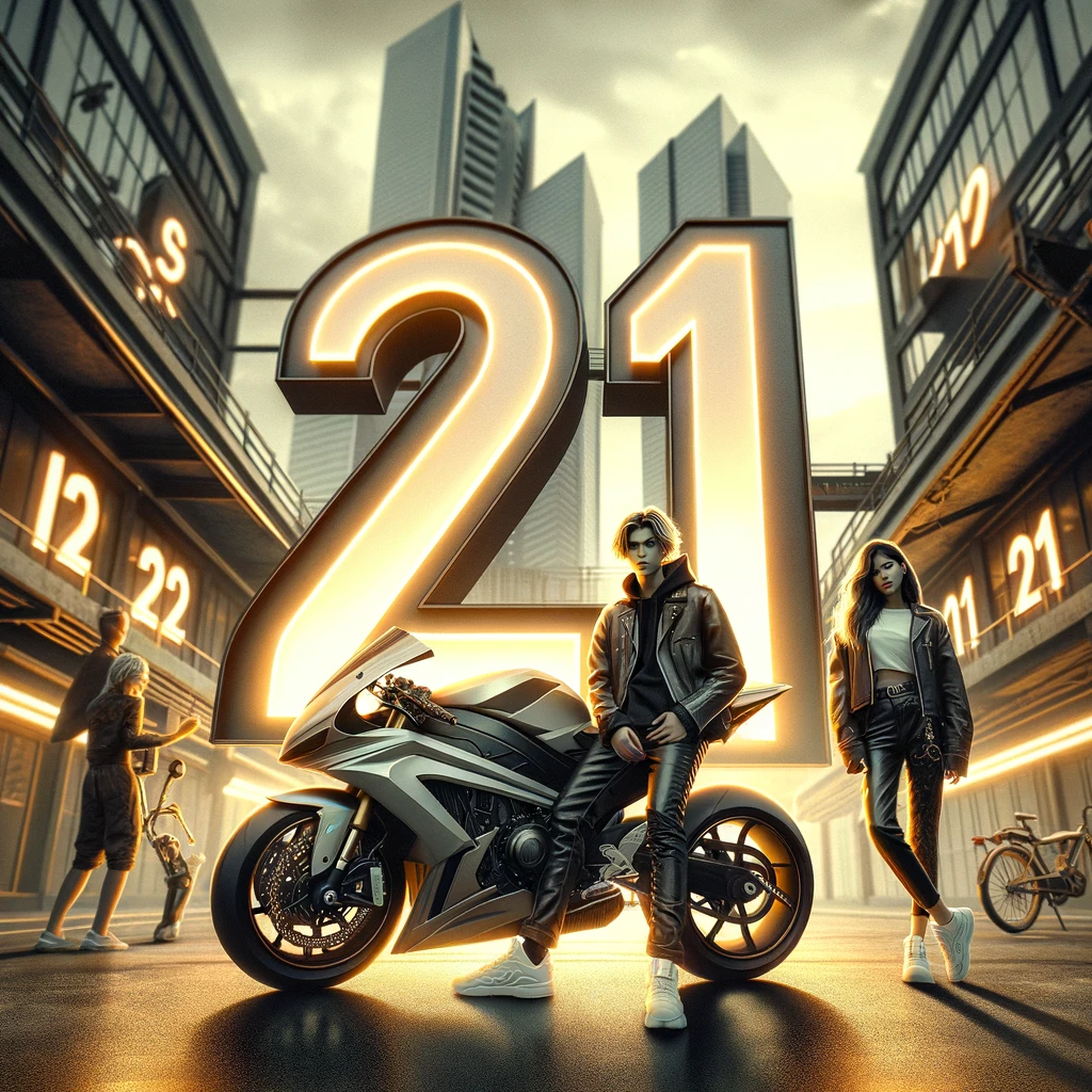 Digitale Illustration, die eine große, leuchtende '21' im Vordergrund zeigt, umgeben von einer städtischen Kulisse mit modernen Hochhäusern. Im Hintergrund steht ein stilvolles, weißes Motorrad, flankiert von zwei jungen Menschen in trendiger Freizeitkleidung. Die Person links trägt eine schwarze Lederjacke und Jeans, während die Person rechts eine weiße Jacke und schwarze Hose trägt. Sie wirken entspannt und selbstbewusst. Die Szenerie wird durch sanftes, warmes Licht betont, das eine einladende, energiegeladene Atmosphäre schafft."