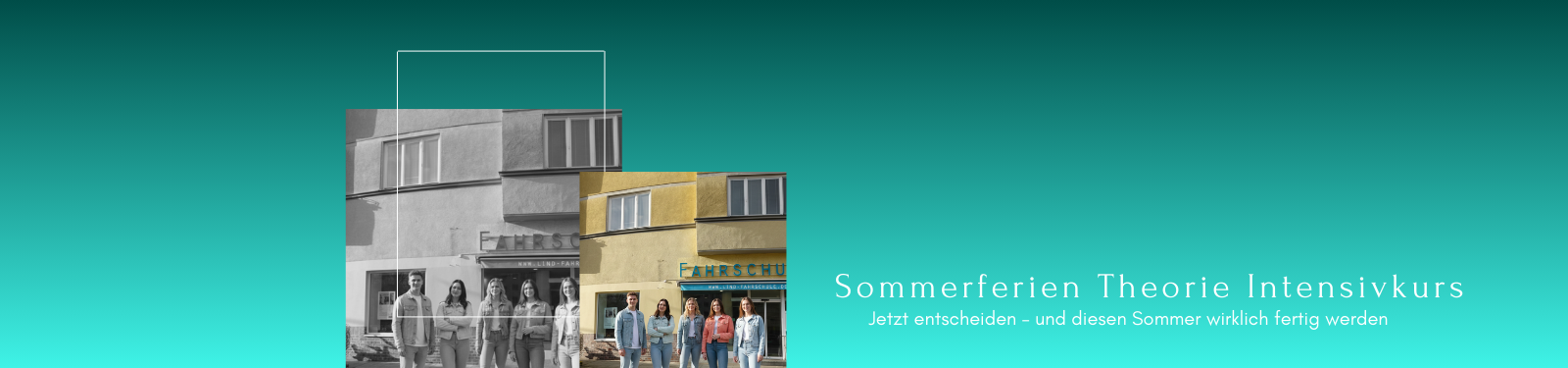 Banner der Fahrschule Lind Berlin Steglitz für einen Sommerferien-Theorie-Intensivkurs mit Fahrschülern vor dem Fahrschulgebäude.