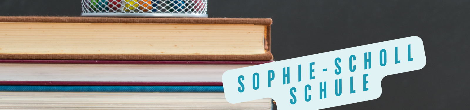 Stapel Bücher mit einem Schild, auf dem "Sophie-Scholl-Schule" steht.