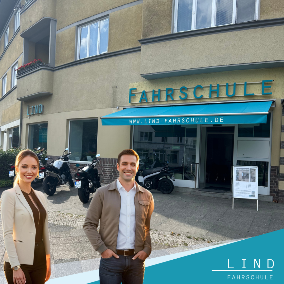 Außenansicht der Fahrschule Lind in Berlin mit zwei freundlichen Fahrlehrern
