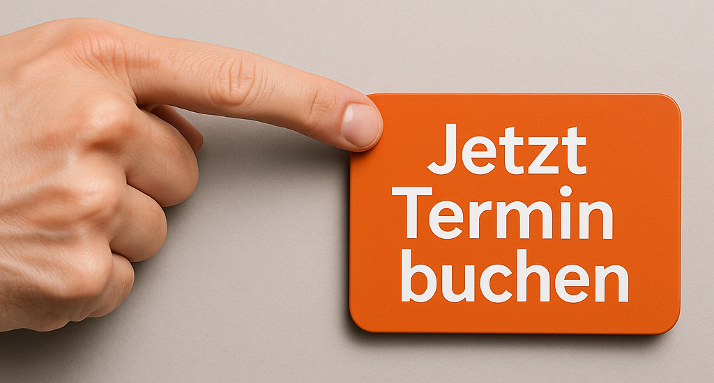 Hand zeigt auf ein auffälliges rotes Schild mit der weißen Aufschrift „Jetzt Termin buchen“ – klare Handlungsaufforderung für die Online-Terminbuchung bei Fahrschule Lind in Berlin.