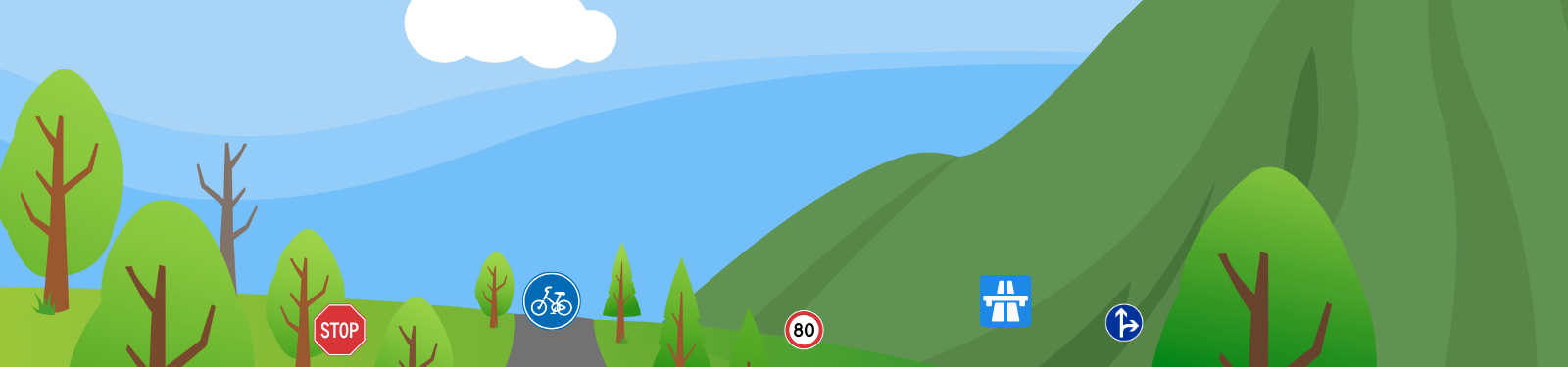 Das Bild zeigt eine malerische Landschaft mit grünen Hügeln, blühenden Bäumen und einer klaren blauen Himmelsszenerie. In der Mitte des Bildes verläuft eine Straße, flankiert von verschiedenen Verkehrsschildern, darunter ein Stoppschild, ein Fahrradweg-Schild, eine Geschwindigkeitsbegrenzung von 80 km/h, ein Autobahnsymbol sowie ein Vorfahrt-Gewähren-Zeichen. Diese Symbole veranschaulichen zentrale Themen des Theorieunterrichts, den die Fahrschule Lind anbietet. Die harmonische Kombination aus Natur und Verkehrssymbolik schafft eine freundliche und motivierende Lernatmosphäre, die den Fokus auf Sicherheit und Orientierung im Straßenverkehr legt.