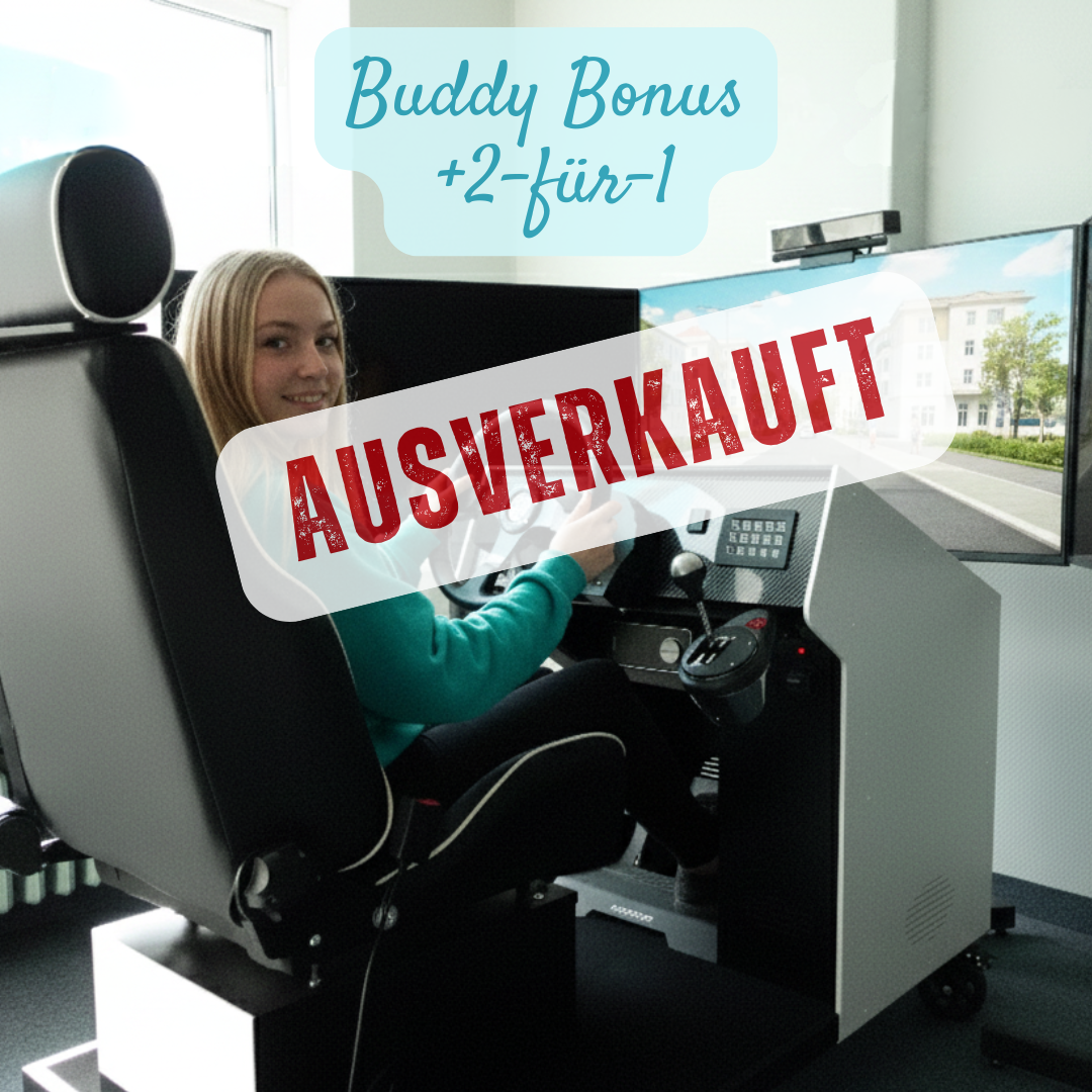  Fahrschülerin im Fahrsimulator der Fahrschule Lind in Berlin mit Buddy Bonus 2-für-1 Angebot ausverkauft