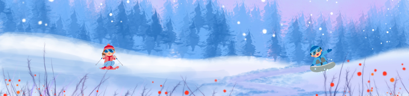 Das Bild zeigt eine winterliche Landschaft mit verschneitem Boden und einer Reihe von Tannenbäumen im Hintergrund, die in Blau- und Lilatönen gehalten sind. Am Himmel fallen leise Schneeflocken.  Im Vordergrund sehen wir zwei Kinder in bunten Winterkleidern, die winterliche Aktivitäten genießen. Links ist ein Kind in roter Kleidung mit Skiern und Stöcken zu sehen, das lächelnd durch den Schnee fährt. Auf der rechten Seite fährt ein weiteres Kind, in blauer Winterkleidung, auf einem Snowboard eine kleine Erhebung hinunter.  Die Farbpalette des Bildes ist in kalten Winterfarben gehalten, die eine ruhige und friedliche Winterstimmung vermitteln. Vereinzelt sind orangefarbene Punkte zu sehen, die möglicherweise Hagebutten oder Beeren darstellen und farbliche Akzente setzen. Das Bild strahlt eine freundliche und fröhliche Atmosphäre aus und lädt zum winterlichen Vergnügen ein.