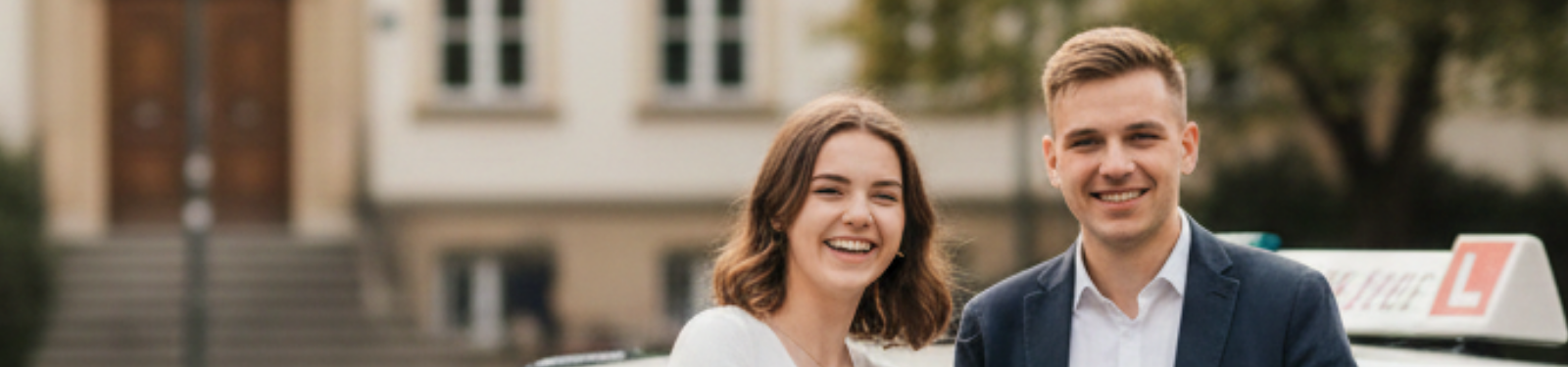 Zwei Fahrschüler lächeln und halten ihren Führerschein in die Kamera.