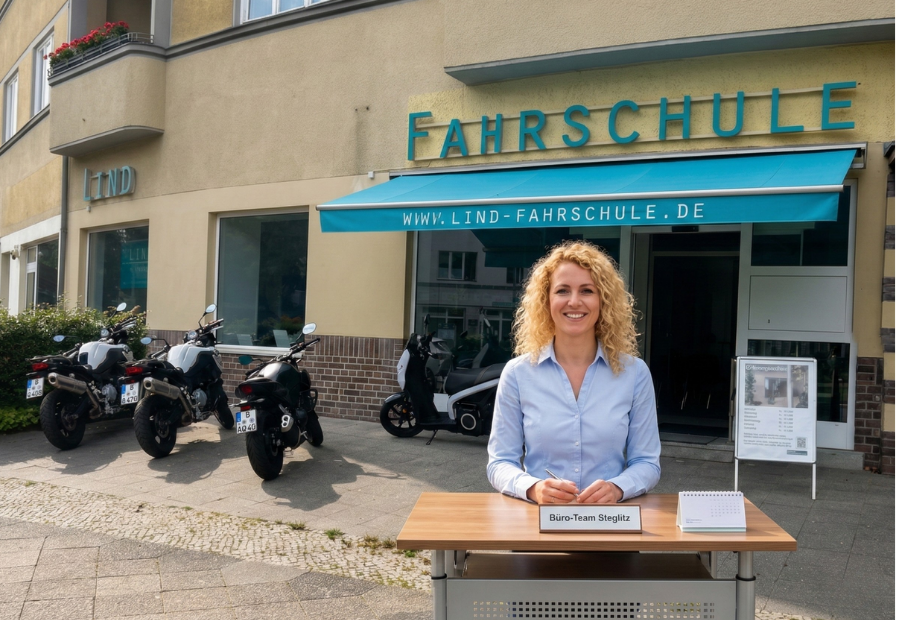 Beratungstermine bei der Fahrschule Lind – Mitarbeiterin am Beratungstisch vor der Fahrschule in Berlin-Steglitz